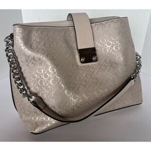 Vintage GUESS G Logo Monogram Cream Ivory Shoulder Tote Bag Handbag Silver Chain
